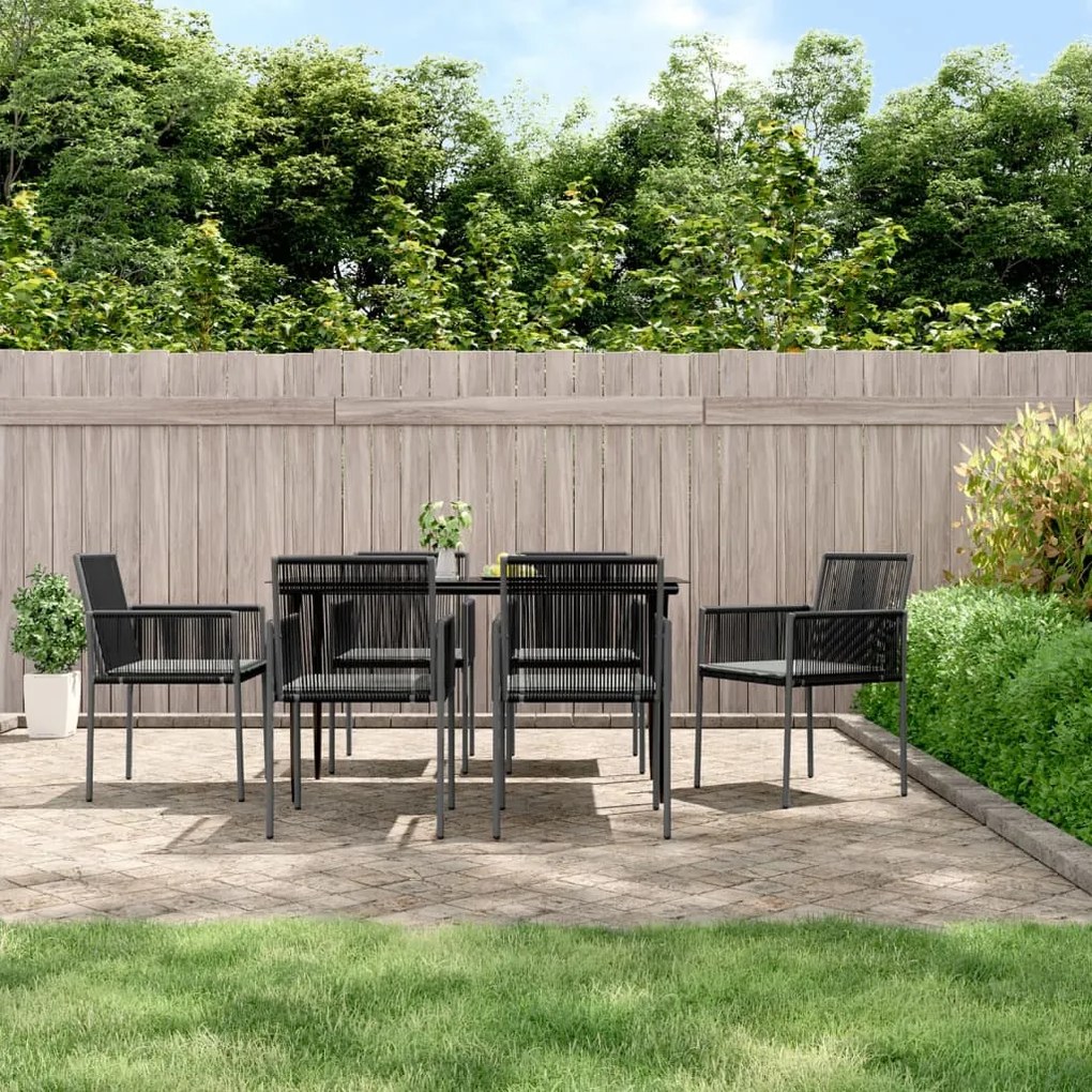7 pcs conjunto jantar p/ jardim c/ almofadões vime PE/aço preto