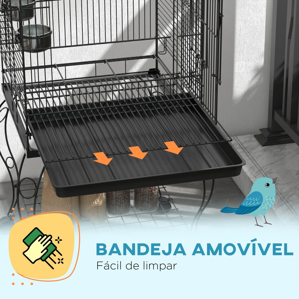 Gaiola para Pássaros com Rodas Bandeja Amovível Prateleira 2 Comedouros de Aço Inoxidável e Poleiro 51x51x153 cm Preto