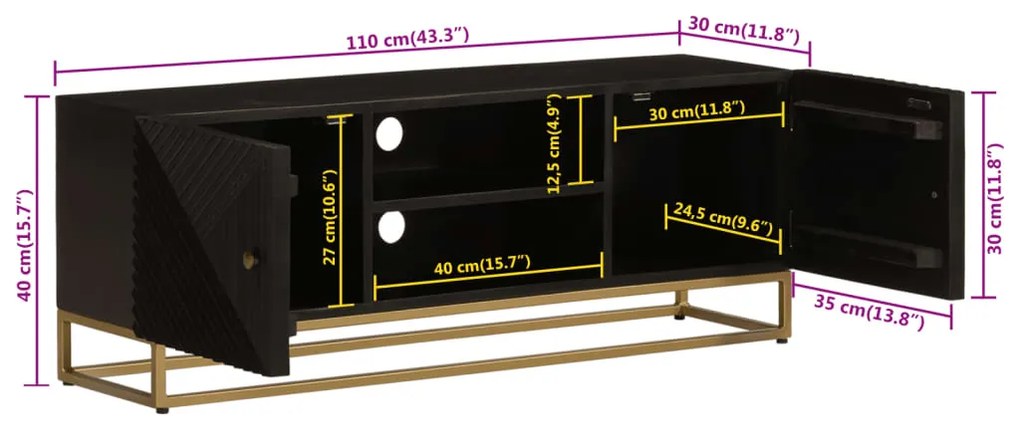 Móvel de TV 110x30x40 cm mangueira maciça e ferro preto