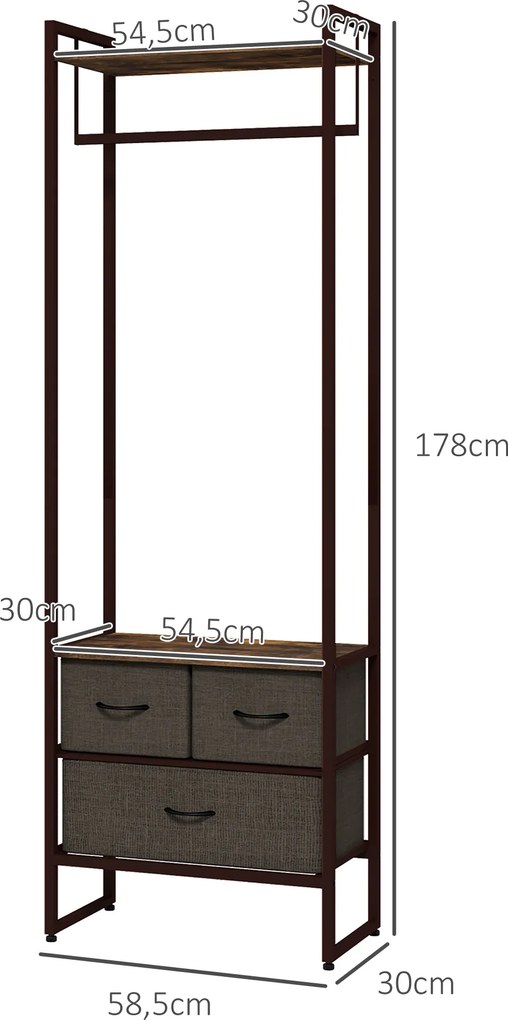 Suporte para Cabides com 3 Gavetas de Tecido Barra para Pendurar e Prateleira para Entrada Quarto 58,5x30x178 cm Castanho Rústico
