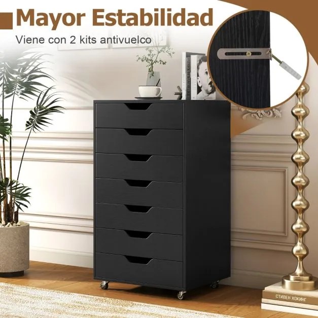 Bloco de armazenamento escritório 49 x 40 x 87 cm com 7 gavetas com 4 rodas universais Arquivo vertical de madeira com rodas preto