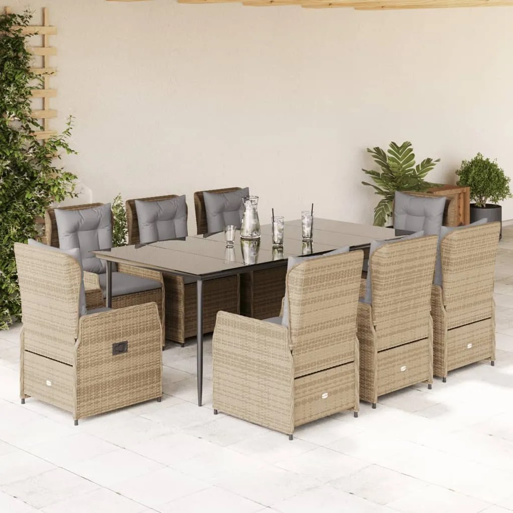 9 pcs conjunto de jantar p/ jardim com almofadões vime PE bege