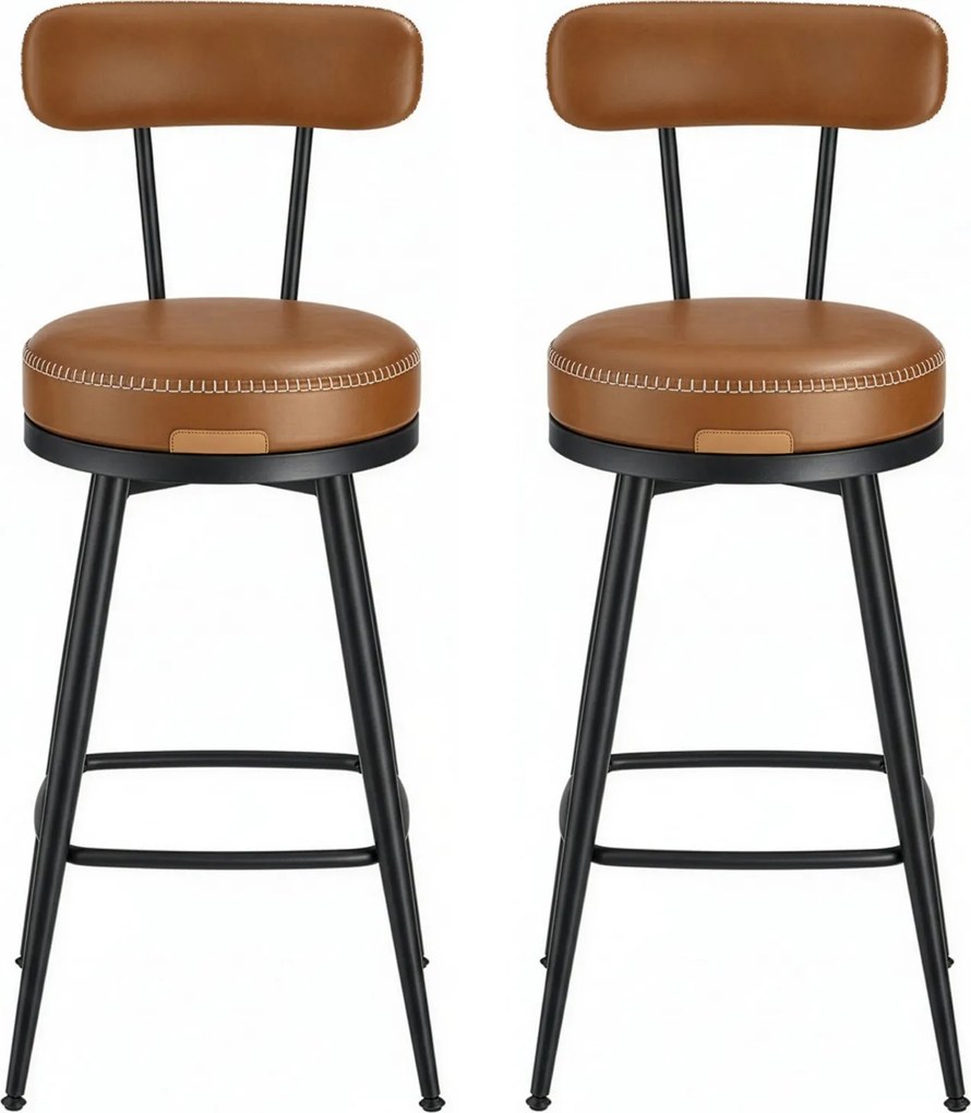 Conjunto de 2 bancos altos giratórios com encosto, couro sintético 54 x 54 x 90,5 cm castanho