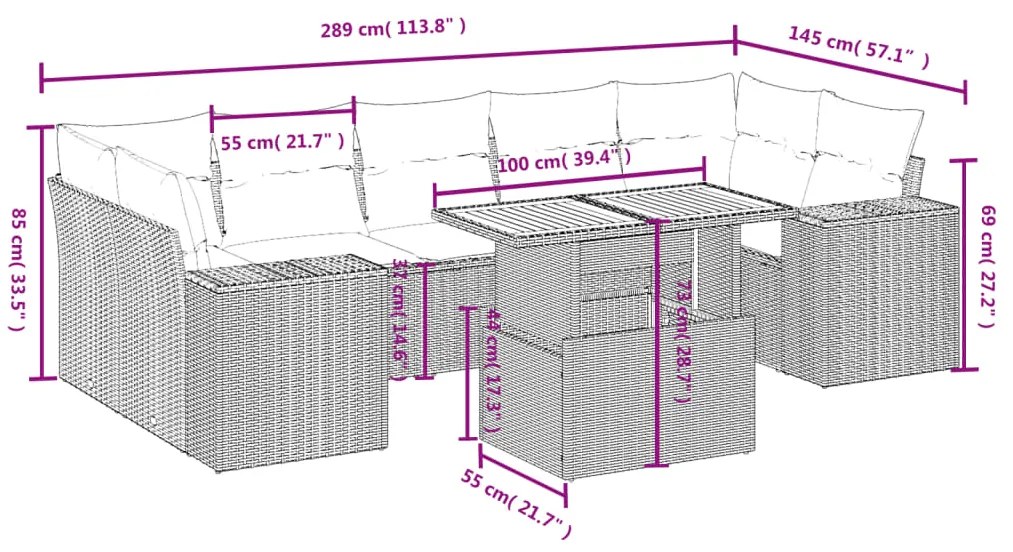 8 pcs conjunto sofás de jardim com almofadões vime PE preto