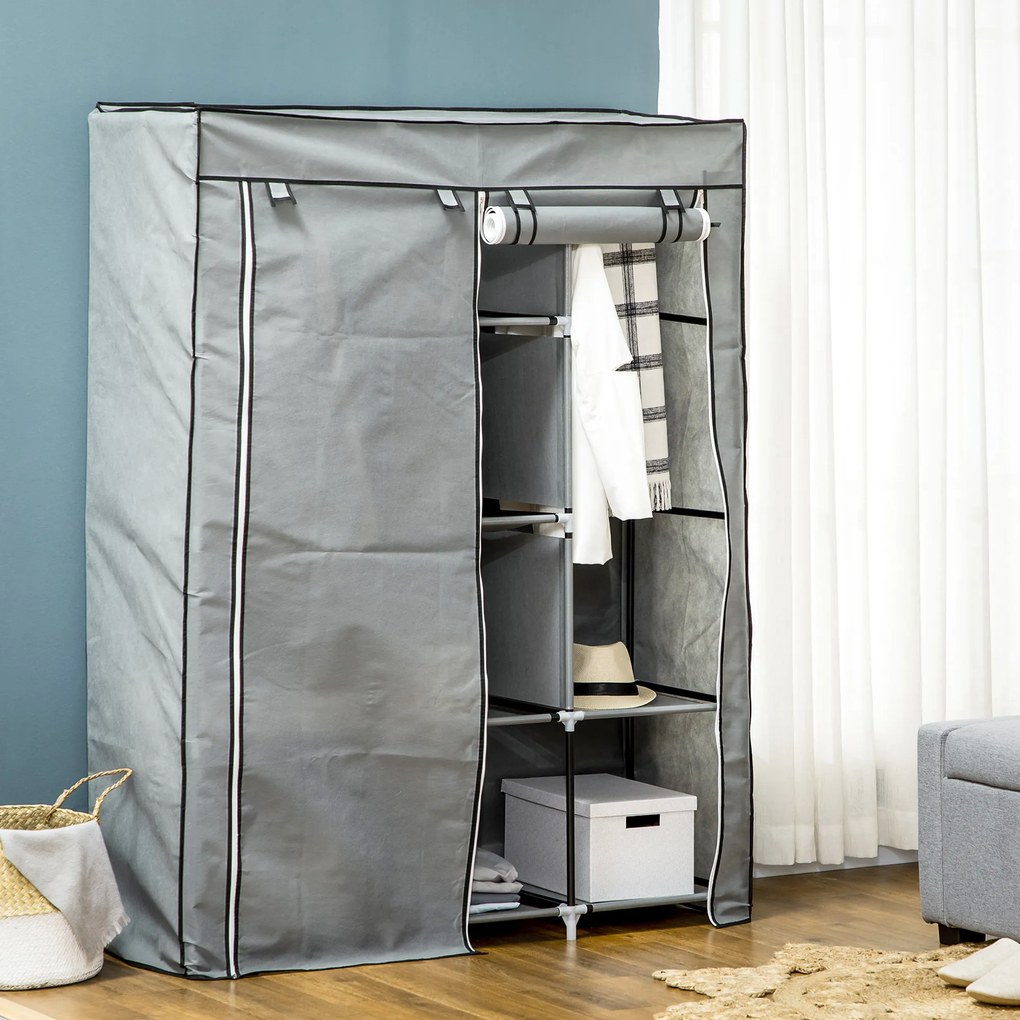 HOMCOM Roupeiro de Tecido Dobrável Armário Portátil com 8 Prateleiras de Armazenamento e 2 Barras de Pendurar Organizador de Roupa para Dormitório Vestidor 125x43x162,5cm Cinza Claro