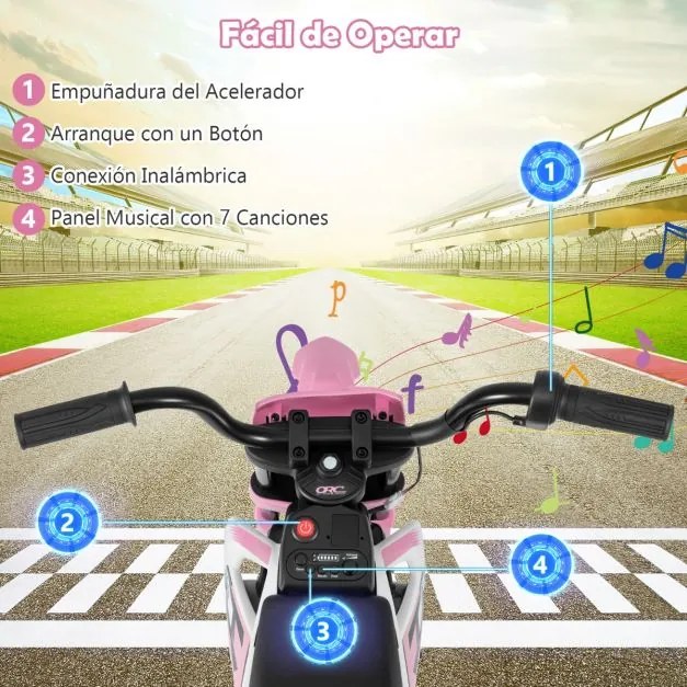 Mota elétrica para crianças 12V com rodas de treino removíveis e suspensão com molas Rosa