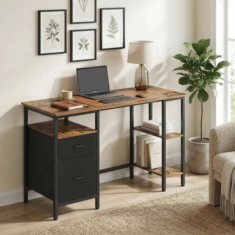 Secretária com 3 prateleiras com 2 gavetas, 127 x 50 x 76 cm castanho-preto