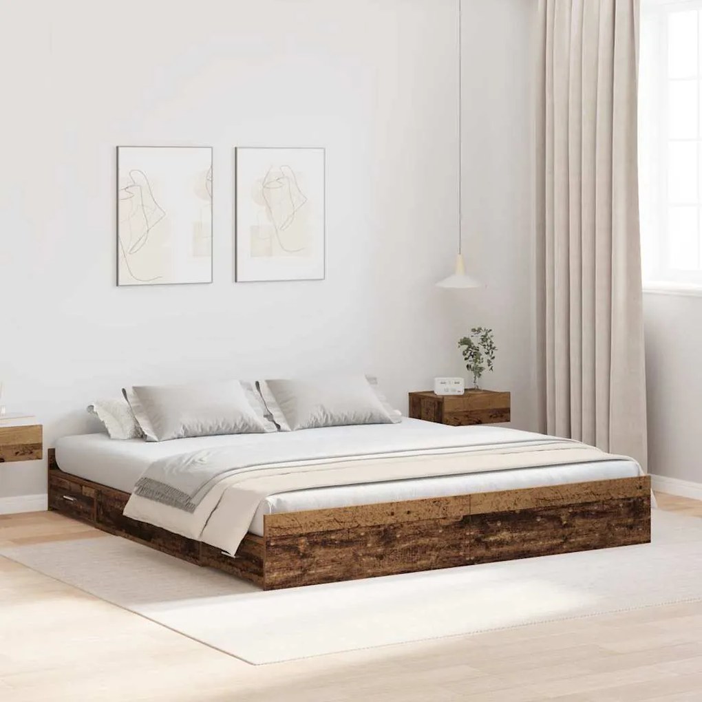 vidaXL Estrado de cama com arrumação Madeira antiga 200 x 200 cm