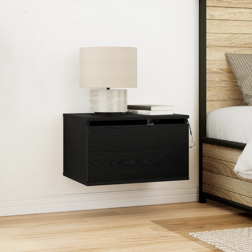 Criado-mudo vidaXL com LED montado na parede Carvalho Preto 50x36x30 cm
