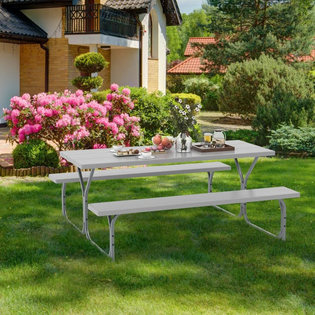 Conjunto jardim de 2 bancos e mesa para 8 pessoas com estrutura metálica Buraco para guarda-sol Cinzento