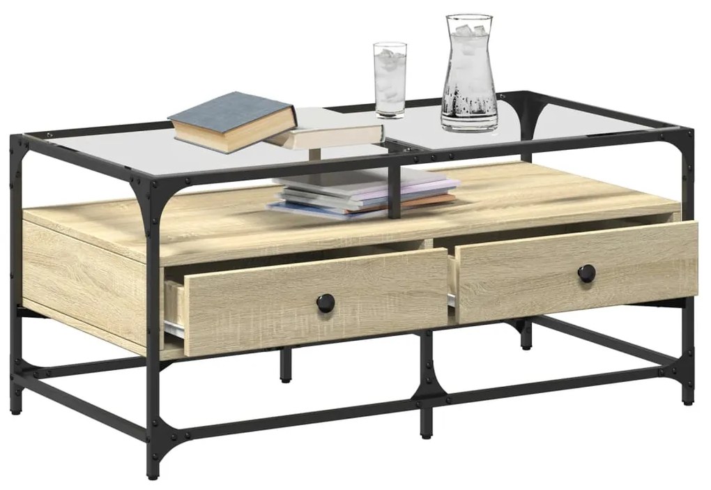 Mesa de centro c/topo de vidro 98,5x50x45cm carvalho sonoma aço
