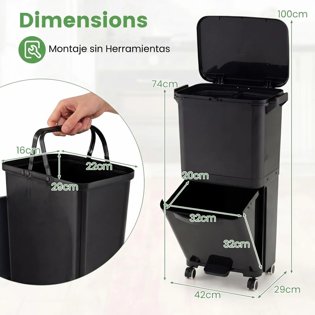 Caixote do lixo de 36 litros com 2 cubos e autocolantes para triagem de lixo 42 x 29 x 74 cm (C x L x A) Contentor de resíduos com rodas, modelo unive