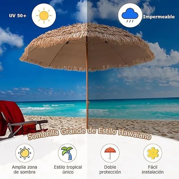 Guarda-sol 243 cm em palha Plastico PP tipo havaiano (BASE NÃO INCLUIDA) com 8 varas dobrável natural