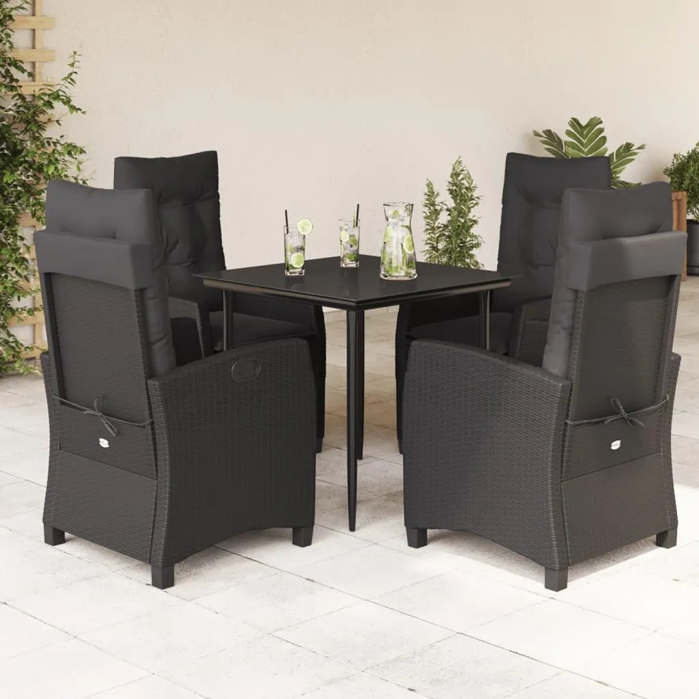 5 pcs conjunto de jantar p/ jardim c/ almofadões vime PE preto