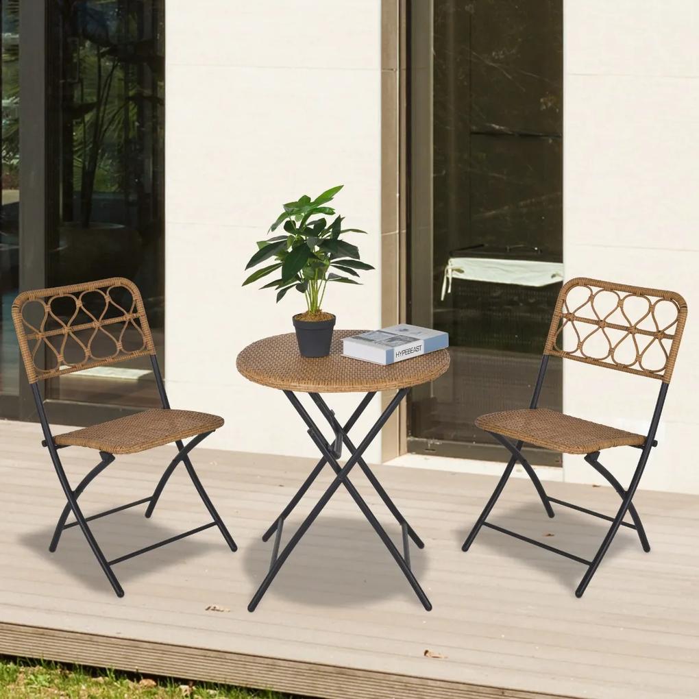 Outsunny Conjunto de mesa e 2 cadeiras dobráveis ​​de vime para jardim Terraço exterior Estrutura de aço Φ60x71 cm e 46x56x83 cm Madeira natural