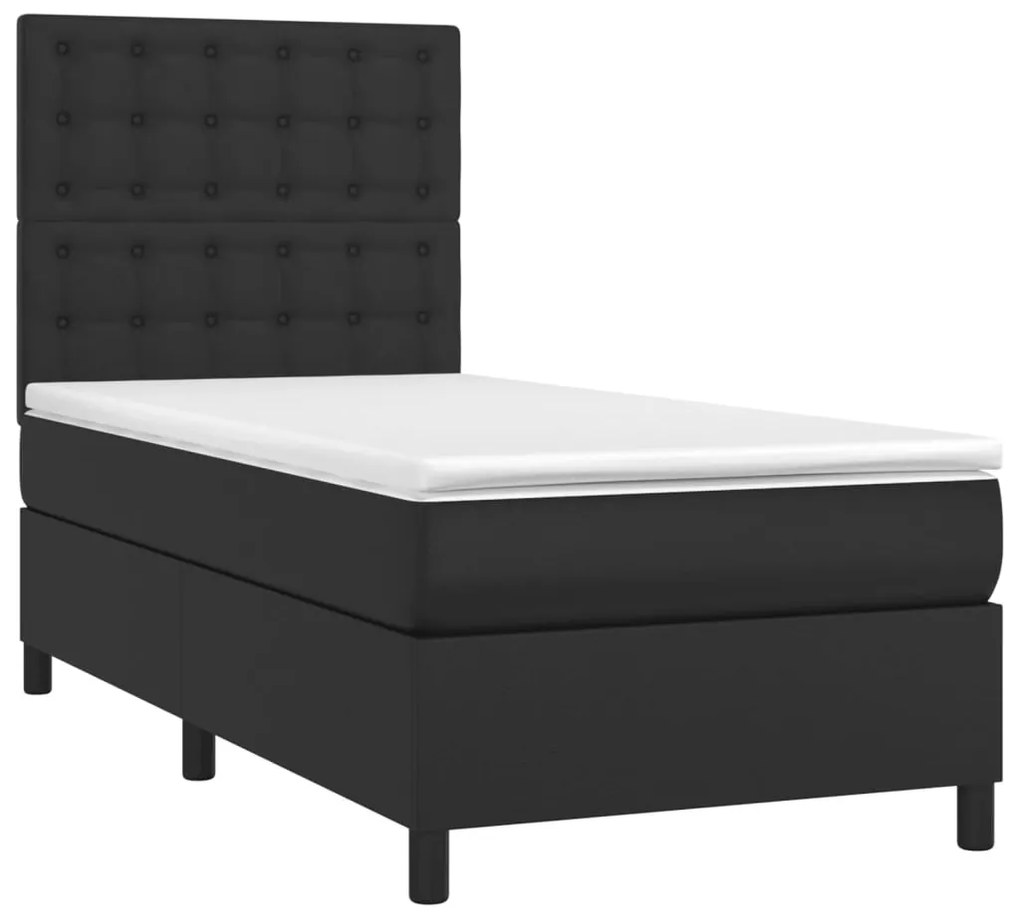 Cama box spring c/ colchão/LED 100x200cm couro artificial preto