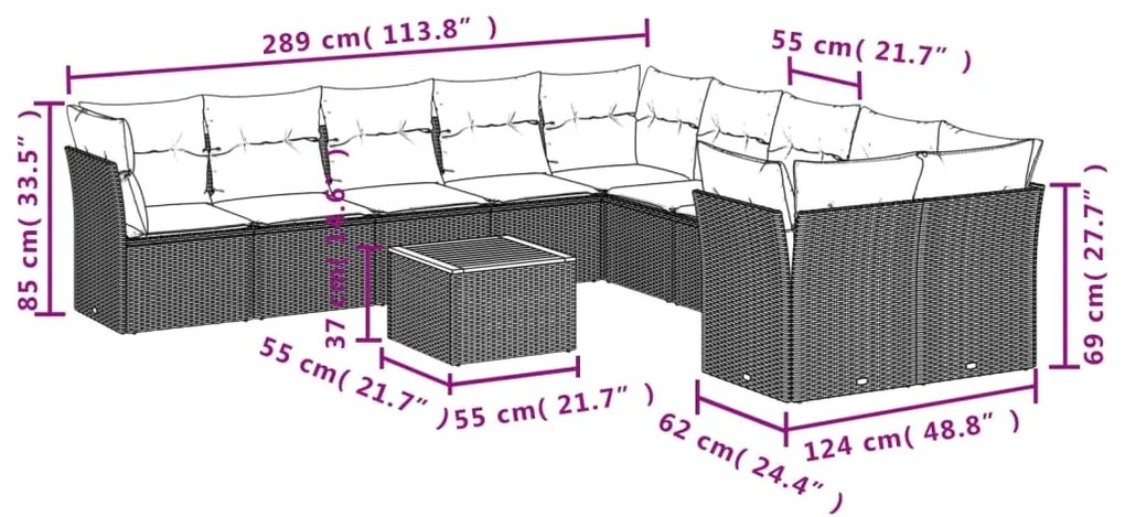 11 pcs conjunto sofás de jardim c/ almofadões vime PE preto