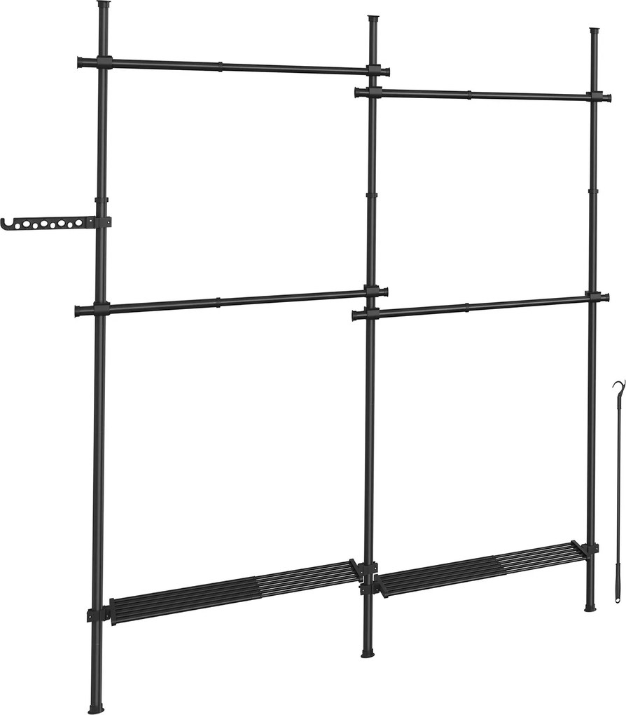 Guarda Roupa de 3 níveis, ajustável em altura e largura aberto com 4 varões e 2 prateleiras 33,5 x (162-238) x (220-300) cm preto