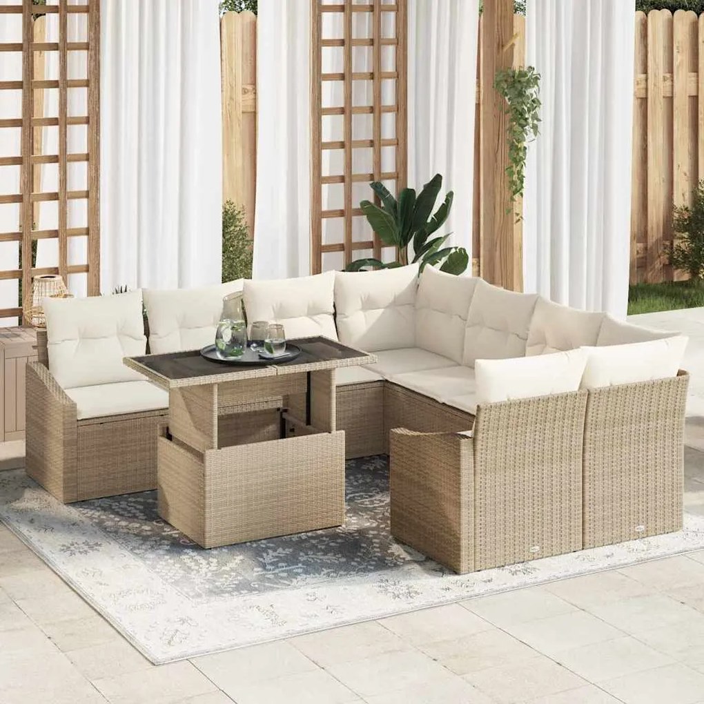 Conjunto de Sofás de Jardim de 9 Peças com Almofadas Bege em Rattan Si