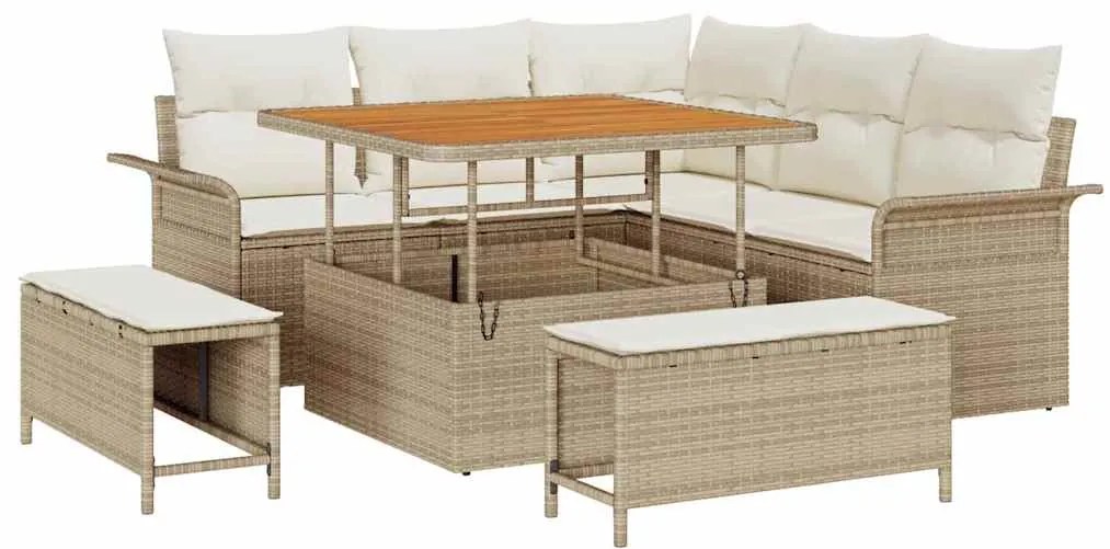 Conjunto de sofá de jardim de 8 peças com almofadas bege, rattan de po