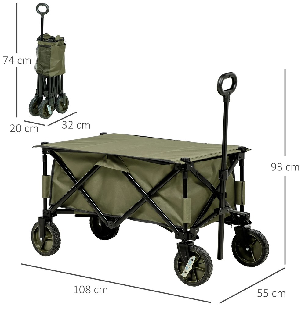 Outsunny Carrinho Dobrável de com Rodas Carrinho para Praia com Guiador Telescópico Bancada Dobrável 5 Bolsas de Armazenamento Estrutura de Aço e Tecido de Oxford 108x55x93cm Verde Escuro