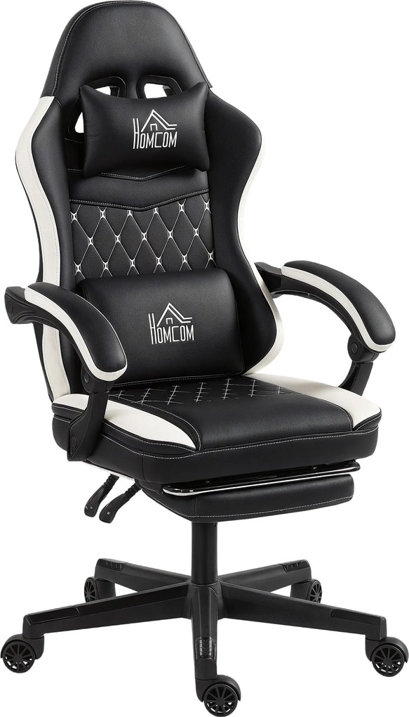 HOMCOM Cadeira gaming com apoio para os pés, cadeira de computador com apoio de cabeça &amp; almofada, revestimento em couro sintético, giratória, altura ajustável, Metal, Plástico, Preto+Branco | Aosom Portugal