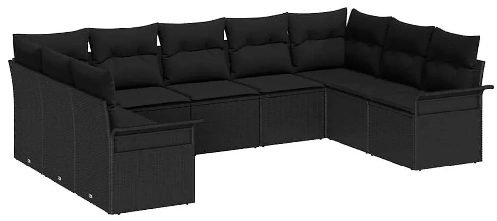 Conjunto de Sofá de Jardim 9 Peças com Almofadas Preto Rattan Poliprop