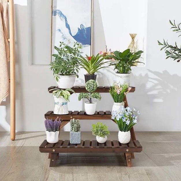 Suporte para plantas de madeira, 3 peças em qualquer combinação Escada para flores carbonizada para interior e exterior Castanho