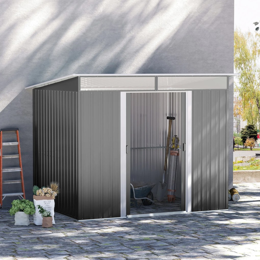 Abrigo de Jardim 4,5 m² 260x194x200 cm Abrigo Exterior Metálico com 2 Portas Deslizantes para Armazenamento de Ferramentas Cinza