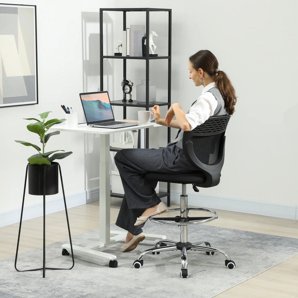 Cadeira de escritório ergonómica em malha 59 x 59 x 106-126 cm, cadeira de desenho, altura e apoio para os pés ajustáveis, preta