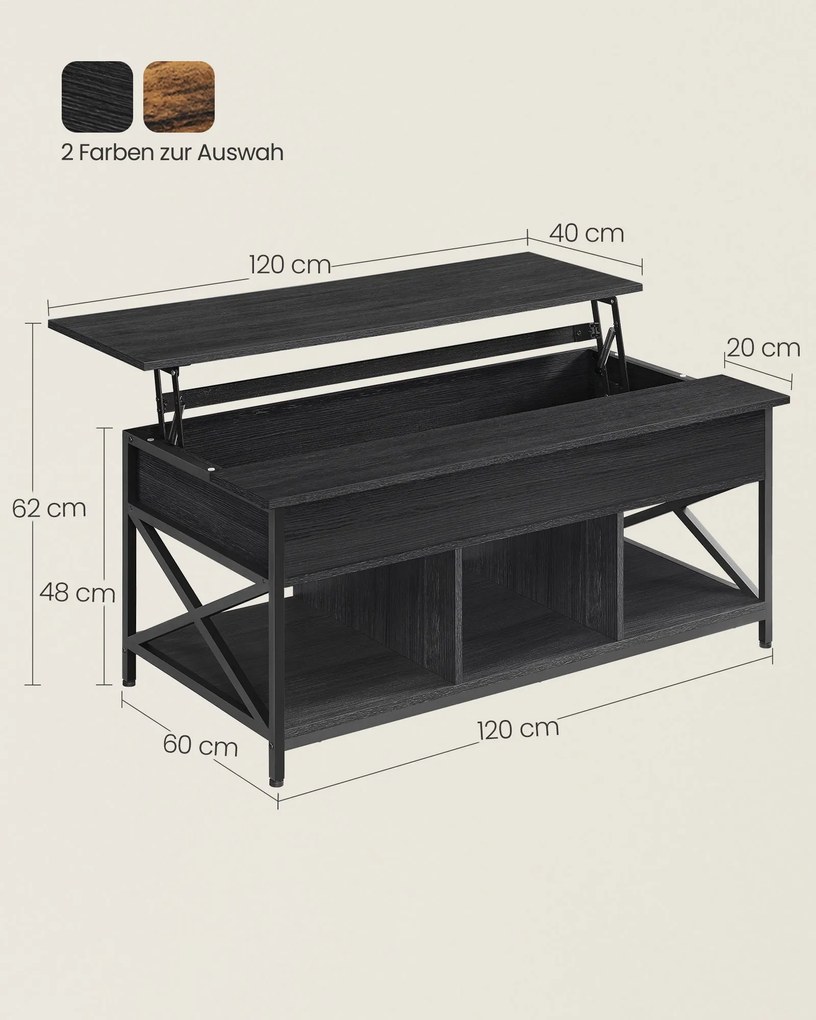 Mesa de centro regulável em altura com espaço de arrumação oculto 60 x 120 x (48-62) cm cinzento antracite e preto