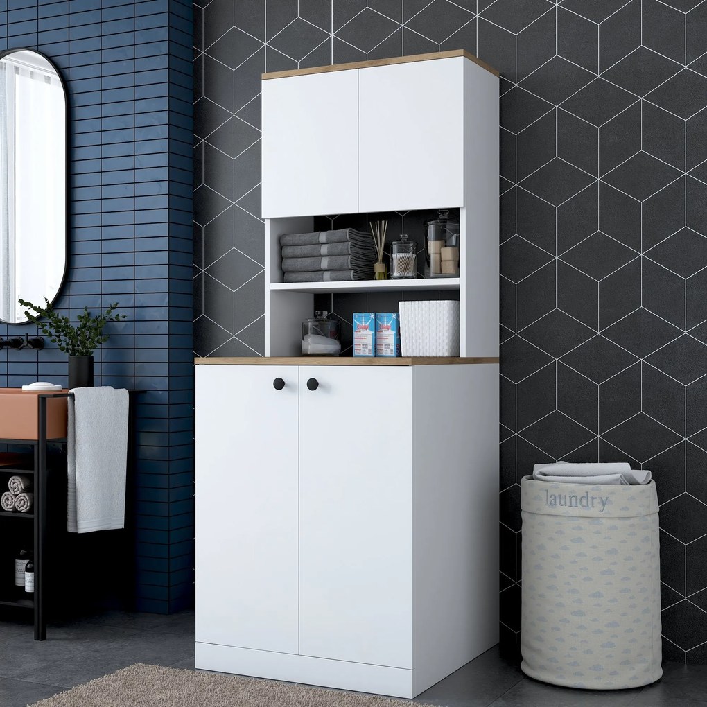 Armário para Máquina de Lavar KD102 – Branco e Nogueira – 70x183,6x72,