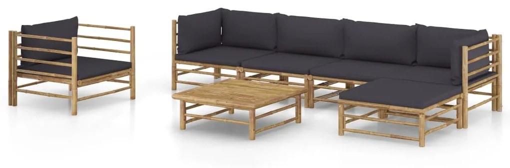 vidaXL 7 pcs conj. lounge jardim em bambu c/ almofadões cinza-escuro