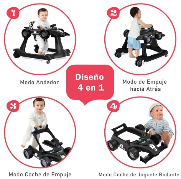 Andador 4 em 1 para crianças, dobrável, atividade de empurrar, com altura ajustável e carrilhão de velocidade com luzes, volante Preto