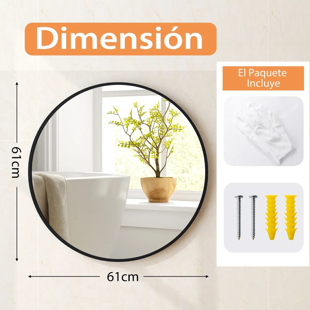 Espelho de casa de banho redondo de 61 cm montado na parede com moldura de metal mate escovado resistente à ferrugem para uma decoração minimalista