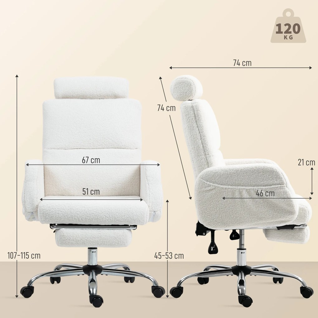 Cadeira de Escritório com Apoio para Pés Estofada em Borreguito e Encosto Reclinável  67x74x107-115 cm Creme