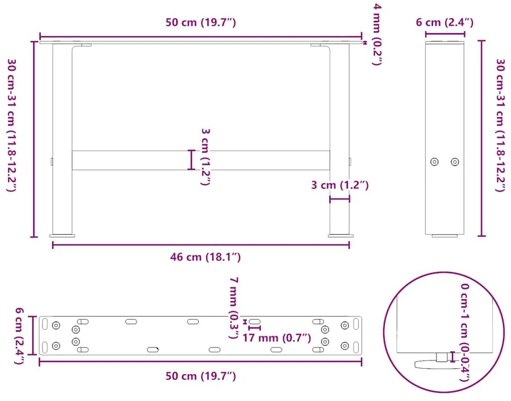 Pés para mesa de centro , brancos, 2 peças, 50x(30-31) cm, aço