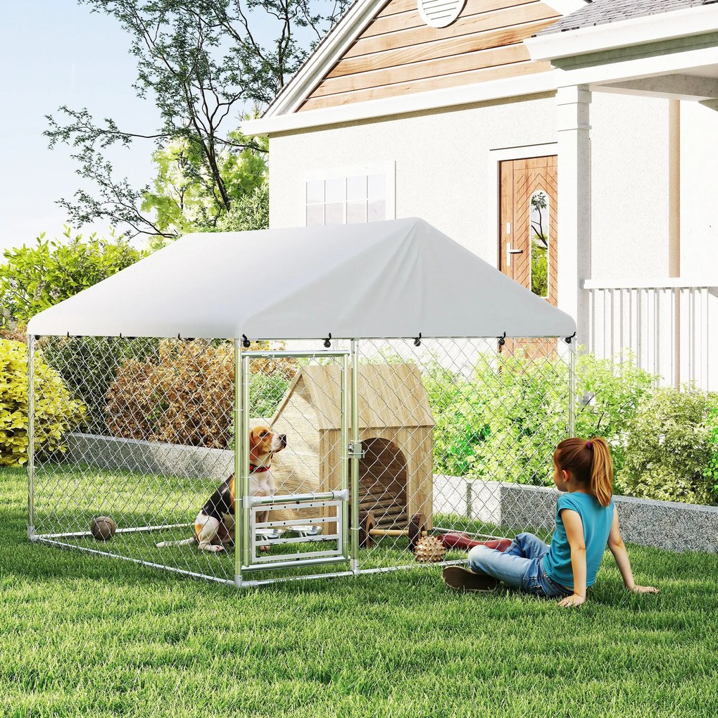 Canil Exterior com Toldo 2x2x1,54 m para Cães (CASOTA NÃO INCLUIDA) em Aço Galvanizado com Suporte para Comida Giratório e Ajustável Prata