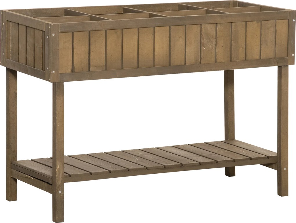 Outsunny Jardineira Elevada 8 Compartimentos com Irrigação e Prateleira 110x46x76 cm Castanho | Aosom Portugal