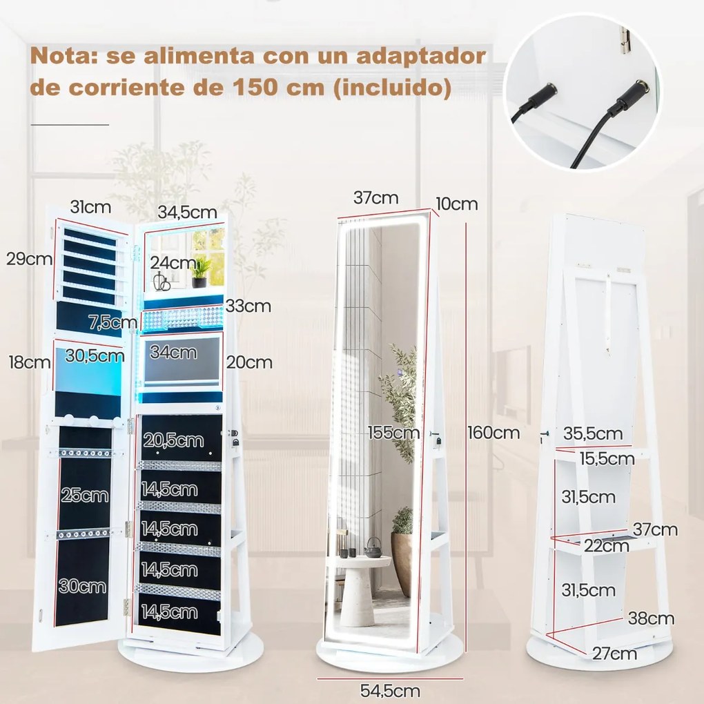 Armário para jóias com espelho de maquilhagem Base rotativa de 360° Armário para jóias com luzes LED Estante dobrável com fecho Branco