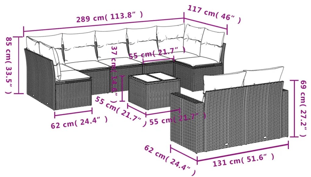 10 pcs conjunto sofás p/ jardim c/ almofadões vime PE cinzento