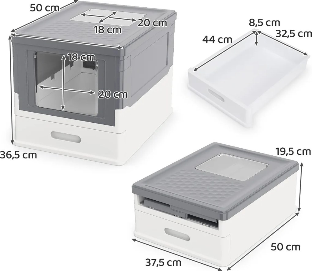 Caixa de areia dobrável 50 x 37,5 x 36,5 cm com tampa fechada, entrada frontal e saída rebatível, bandeja portátil para gatos até 10 kg, cinza
