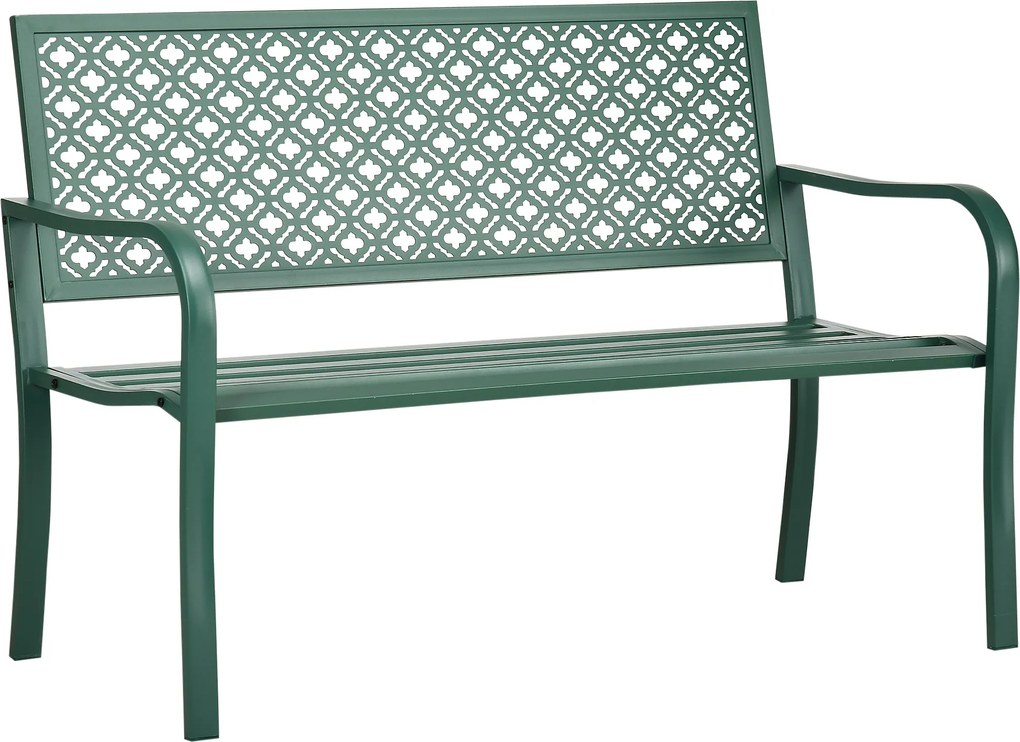 Banco de jardim de exterior em aço com encosto com padrão floral para 2 pessoas, 127 x 63 x 83 cm, verde escuro