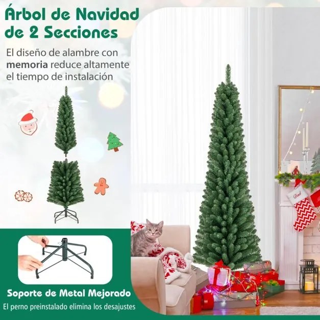 Árvore de Natal Artificial 180 CM forma Lápis com 392 pontas de ramos Base de fio de memória Base de metal Decoração de árvore fina Verde