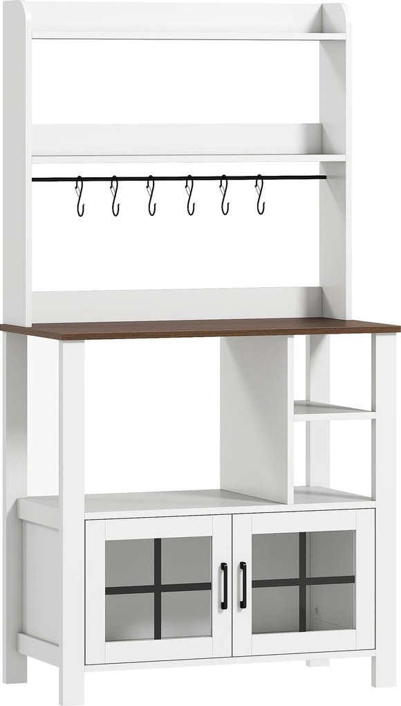 HOMCOM Armário de Cozinha Alto Móvel Auxiliar de Cozinha com 6 Ganchos para Chávenas 2 Portas de Vidro Prateleiras Abertas  80x40x152 cm Branco | Aosom Portugal