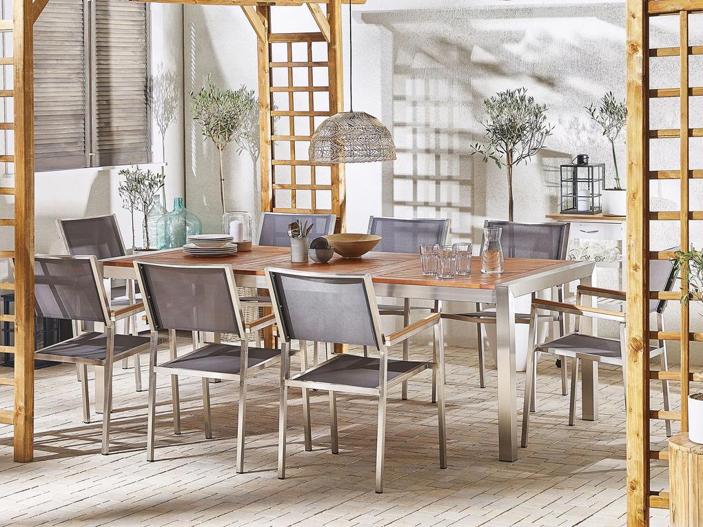 Conjunto de jardim em inox mesa com eucalipto e 8 cadeiras com tecido cinzento GROSSETO Beliani