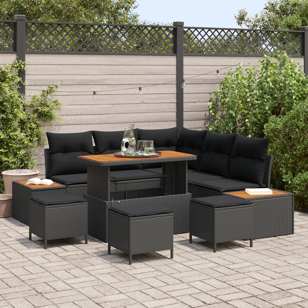 Conjunto de Sofá de Jardim de 9 Peças com Almofadas Rattan Preto Acáci