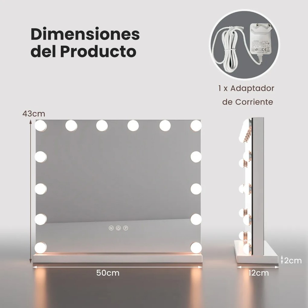 Espelho de toucador de mesa iluminado Espelho de maquilhagem de Hollywood 14 lâmpadas LED Espelho de aumento 5X para o quarto Branco