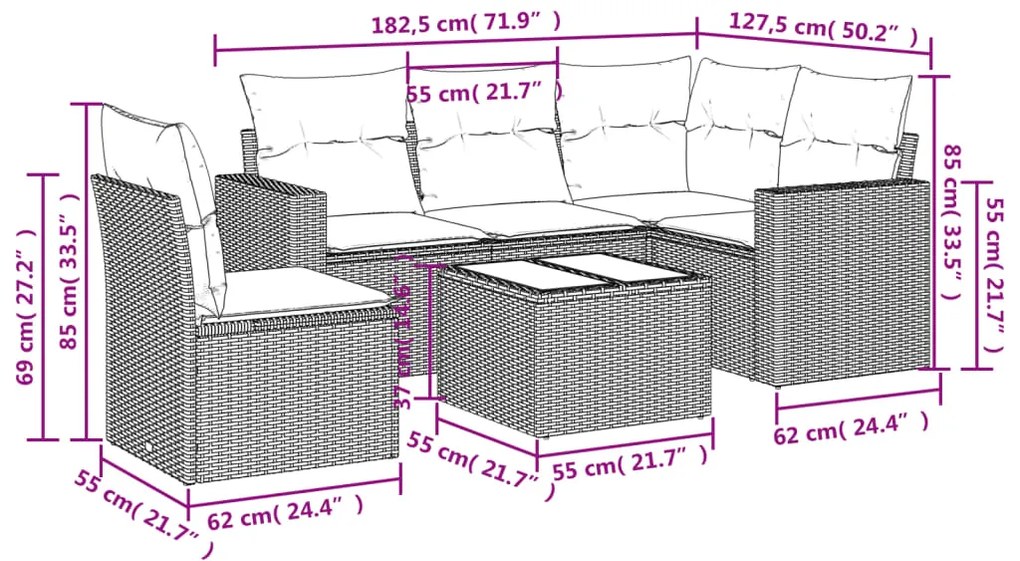 6 pcs conjunto sofás de jardim com almofadões vime cinzento