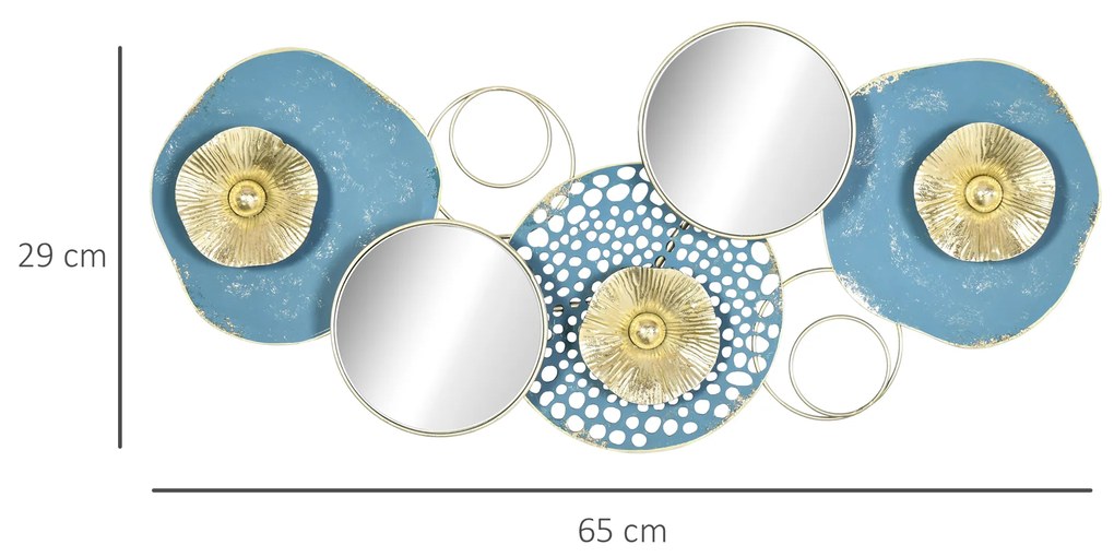 HOMCOM Decoração de Parede de Metal Espelho de Folhas de Flores 3D Arte de Parede Suspensa para Sala de Estar Dormitório Escritório 65x29cm Multicor
